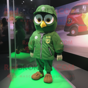 Green Owl mascot costume character dressed with a Windbreaker and Lapel pins