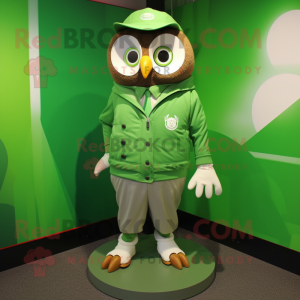 Green Owl mascot costume character dressed with a Windbreaker and Lapel pins