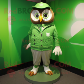 Green Owl mascot costume character dressed with a Windbreaker and Lapel pins