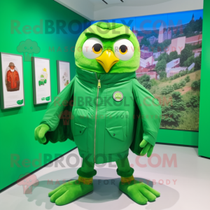 Green Owl mascot costume character dressed with a Windbreaker and Lapel pins