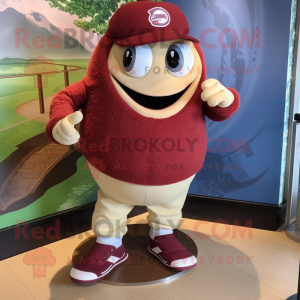 Maroon Oyster mascot costume character dressed with a Baseball Tee and Shoe laces