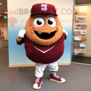 Maroon Oyster mascot costume character dressed with a Baseball Tee and Shoe laces