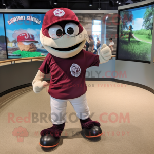 Maroon Oyster mascot costume character dressed with a Baseball Tee and Shoe laces