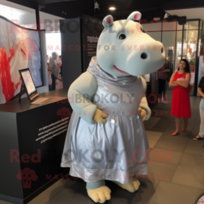 Silver Hippopotamus mascot costume character dressed with a A-Line Skirt and Backpacks