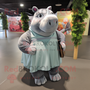 Silver Hippopotamus mascot costume character dressed with a A-Line Skirt and Backpacks