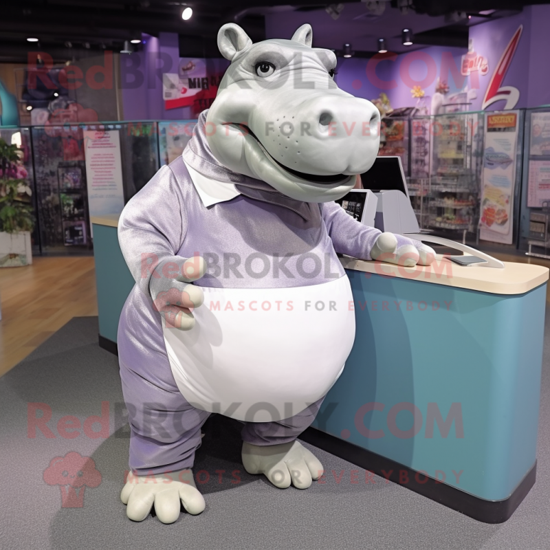 Silver Hippopotamus mascot costume character dressed with a A-Line Skirt and Backpacks