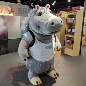 Silver Hippopotamus mascot costume character dressed with a A-Line Skirt and Backpacks