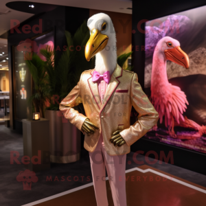 Gold Flamingo mascot costume character dressed with a Jacket and Lapel pins