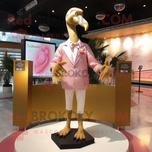 Gold Flamingo mascot costume character dressed with a Jacket and Lapel pins