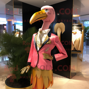 Gold Flamingo mascot costume character dressed with a Jacket and Lapel pins