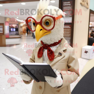 Beige Pheasant mascot costume character dressed with a Button-Up Shirt and Reading glasses