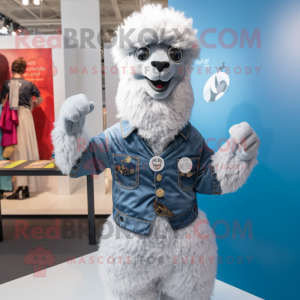 Silver Alpaca mascot costume character dressed with a Flare Jeans and Cufflinks