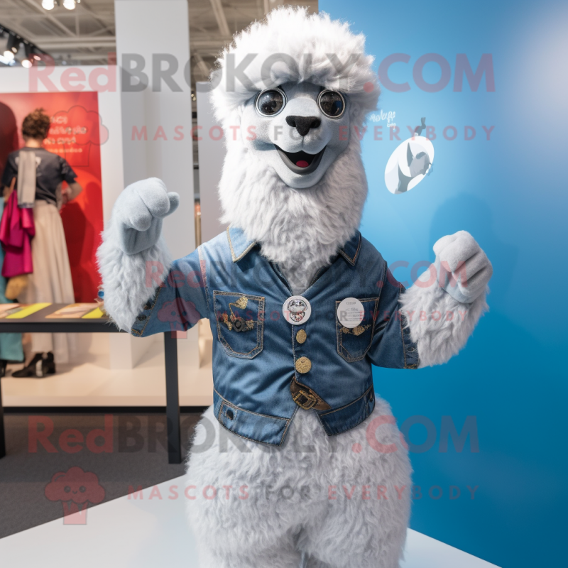 Silver Alpaca mascot costume character dressed with a Flare Jeans and Cufflinks