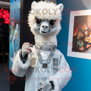 Silver Alpaca mascot costume character dressed with a Flare Jeans and Cufflinks