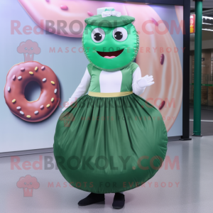 Forest Green Donut mascot costume character dressed with a Pleated Skirt and Caps