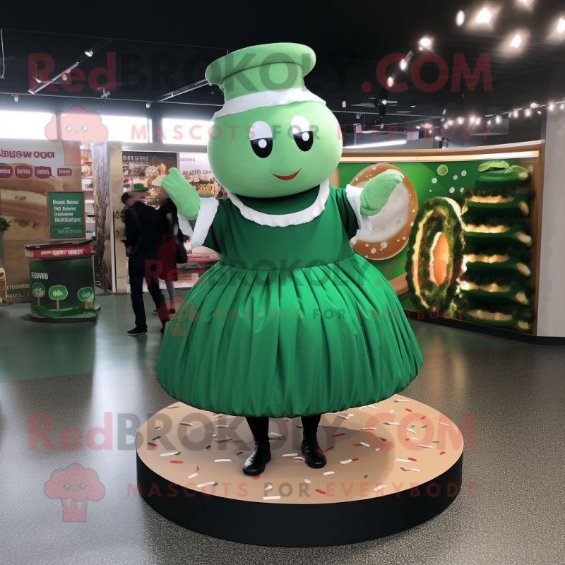 Forest Green Donut mascot costume character dressed with a Pleated Skirt and Caps