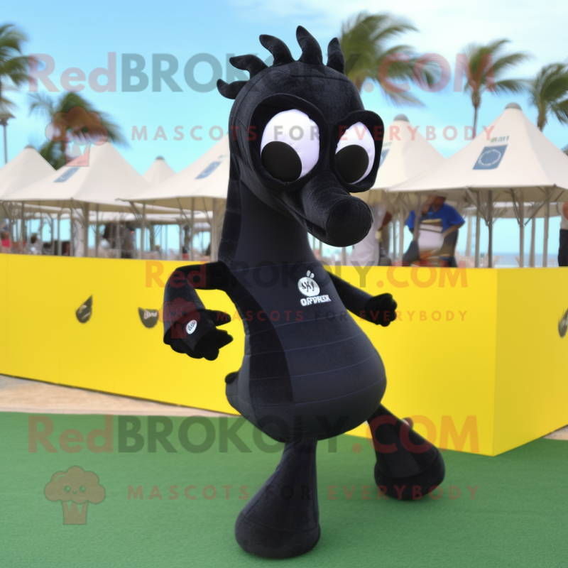Black Seahorse mascot costume character dressed with a Running Shorts and Sunglasses Black Seahorse mascot costume character dressed with a Running Shorts and Sunglasses