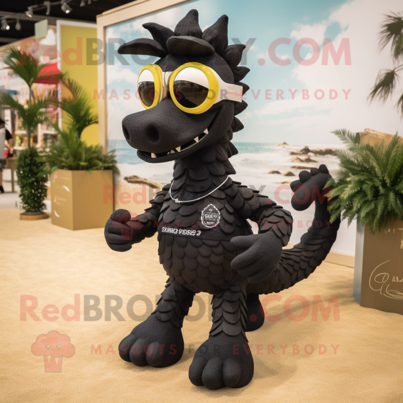Black Seahorse mascot costume character dressed with a Running Shorts and Sunglasses
