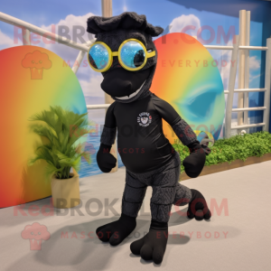 Black Seahorse mascot costume character dressed with a Running Shorts and Sunglasses
