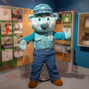 Teal Irish Flag mascot costume character dressed with a Denim Shirt and Brooches