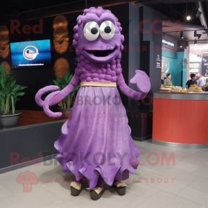 Purple Fried Calamari mascot costume character dressed with a A-Line Skirt and Bracelet watches