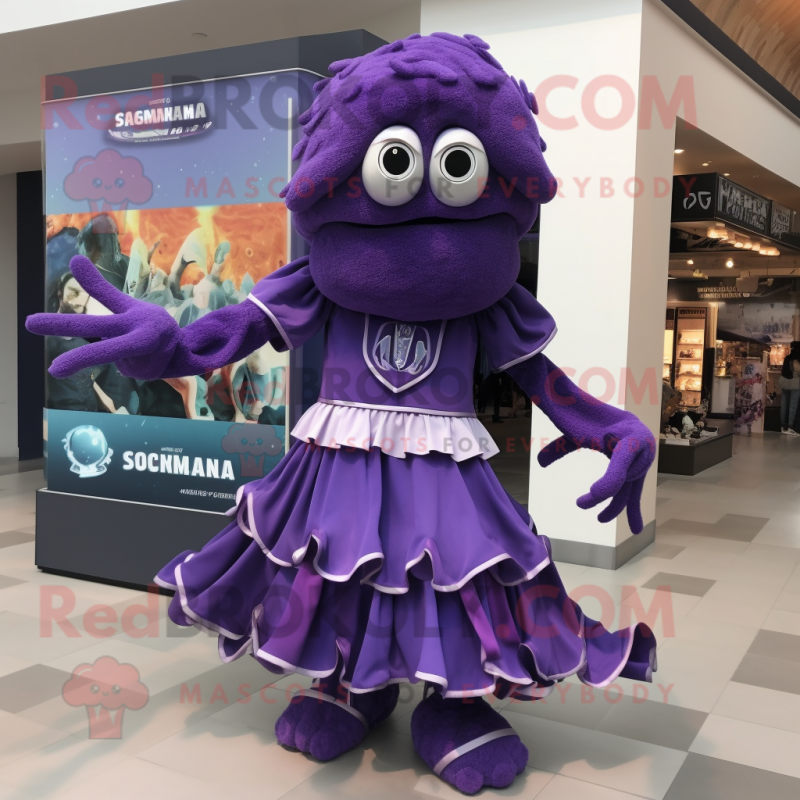 Purple Fried Calamari mascot costume character dressed with a A-Line Skirt and Bracelet watches