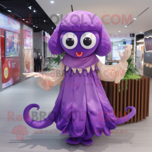 Purple Fried Calamari mascot costume character dressed with a A-Line Skirt and Bracelet watches