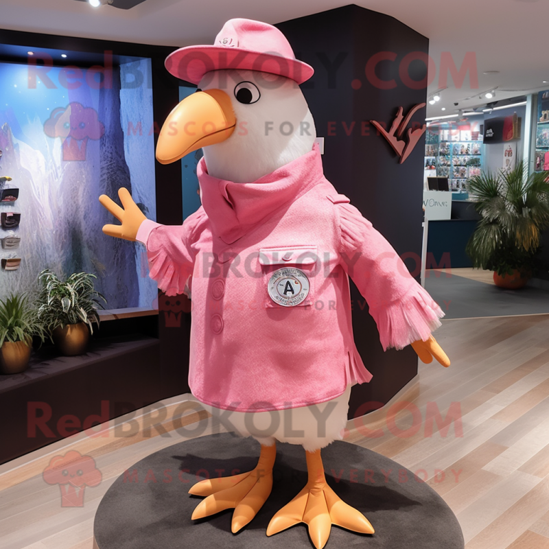 Pink Seagull mascot costume character dressed with a Jeans and Hat pins