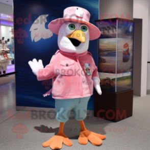 Pink Seagull mascot costume character dressed with a Jeans and Hat pins