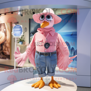 Pink Seagull mascot costume character dressed with a Jeans and Hat pins