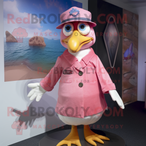 Pink Seagull mascot costume character dressed with a Jeans and Hat pins