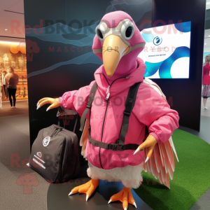 Pink Guinea Fowl mascot costume character dressed with a Windbreaker and Messenger bags