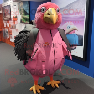 Pink Guinea Fowl mascot costume character dressed with a Windbreaker and Messenger bags