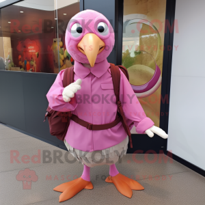 Pink Guinea Fowl mascot costume character dressed with a Windbreaker and Messenger bags