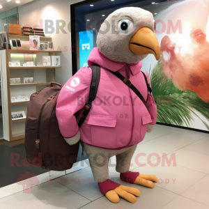 Pink Guinea Fowl mascot costume character dressed with a Windbreaker and Messenger bags
