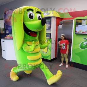 Lime Green Hot Dog mascot costume character dressed with a Graphic Tee and Shoe clips