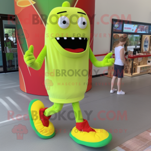 Lime Green Hot Dog mascot costume character dressed with a Graphic Tee and Shoe clips
