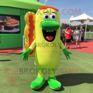 Lime Green Hot Dog mascot costume character dressed with a Graphic Tee and Shoe clips