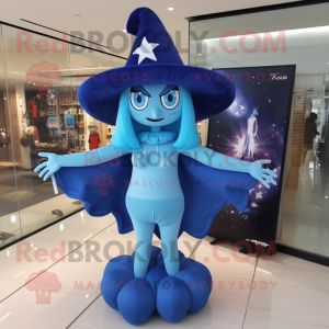 Sky Blue Witch mascot costume character dressed with a Bikini and Berets