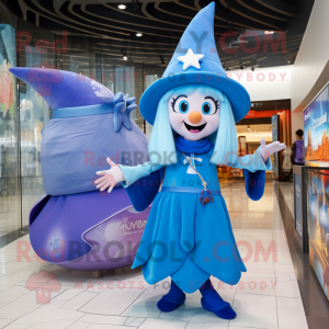 Sky Blue Witch mascot costume character dressed with a Bikini and Berets