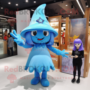 Sky Blue Witch mascot costume character dressed with a Bikini and Berets