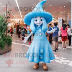 Sky Blue Witch mascot costume character dressed with a Bikini and Berets