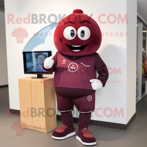 Maroon Plum mascot costume character dressed with a Sweatshirt and Digital watches