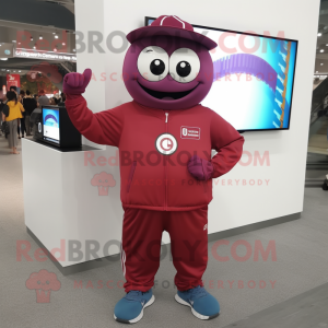 Maroon Plum mascot costume character dressed with a Sweatshirt and Digital watches