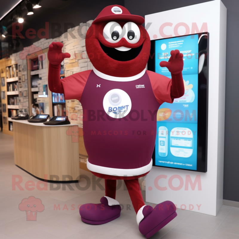 Maroon Plum mascot costume character dressed with a Sweatshirt and Digital watches