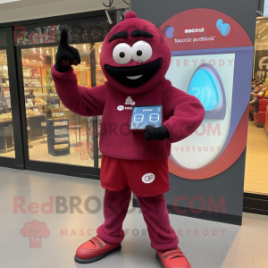Maroon Plum mascot costume character dressed with a Sweatshirt and Digital watches