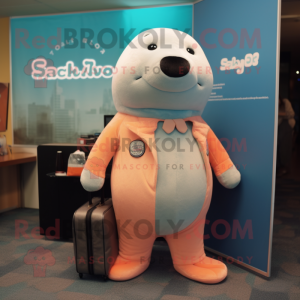 Peach Stellar'S Sea Cow mascot costume character dressed with a Bootcut Jeans and Briefcases