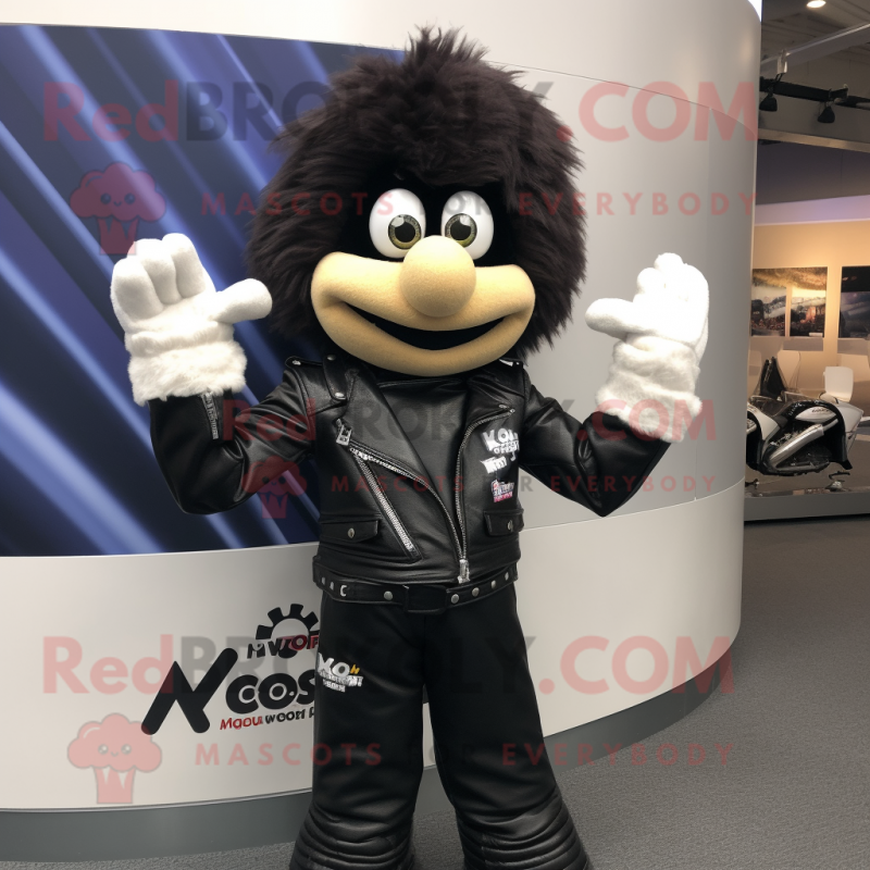 nan Moussaka mascot costume character dressed with a Moto Jacket and Gloves nan Moussaka mascot costume character dressed with a Moto Jacket and Gloves
