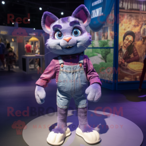 Purple Cat mascot costume character dressed with a Denim Shorts and Shoe laces