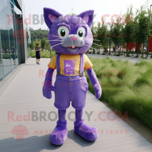 Purple Cat mascot costume character dressed with a Denim Shorts and Shoe laces